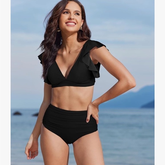 NWT Women Ruffle High Waisted Push Up Bathing suit bikini medium black - Picture 2 of 7